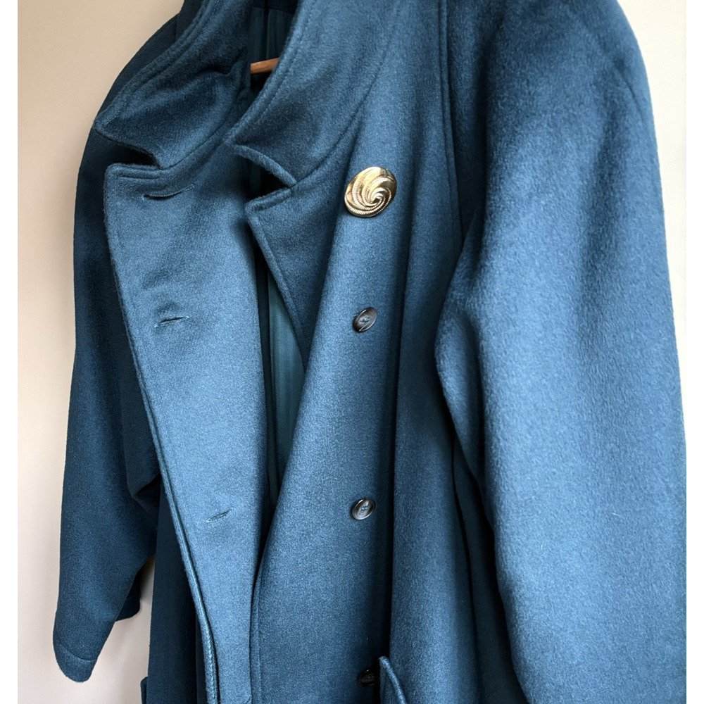 Vintage John Weitz Wool Overcoat Teal Gold Button Draped Scarf Collar Poland 12 - Picture 13 of 16